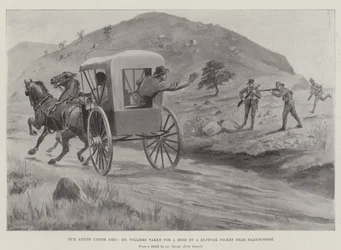 Our Artist under Fire, Mr Villiers taken for a Boar by a Suffolk Picket near Naauwpoort